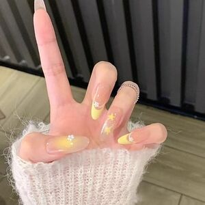 Yellow French Tip Press On Nails Kawaii Star & Bow 3D Pearl Art Size Medium